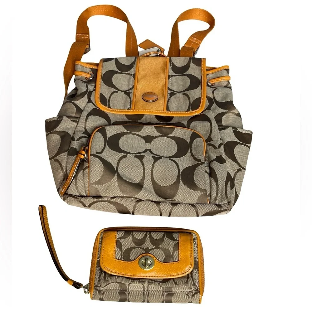 Coach signature pumpkin orange/ Tan adjustable Backpack and Wallet Set with tags